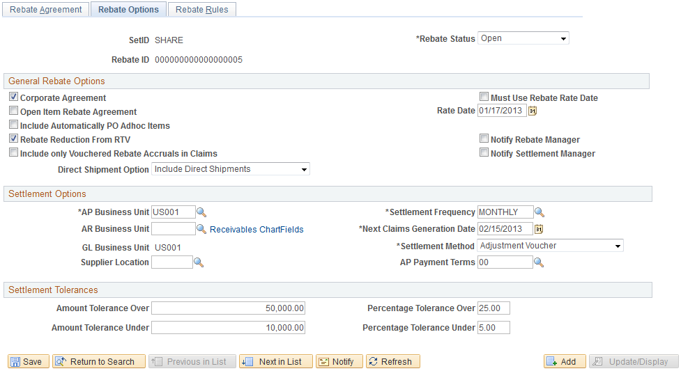 Rebate Agreement - Rebate Options page