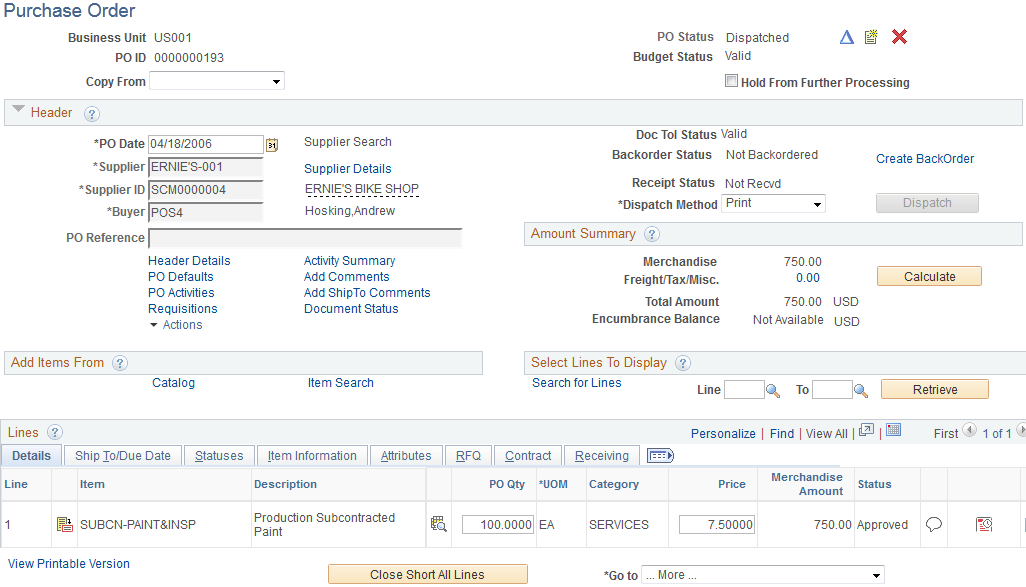 Maintain Purchase Order - Purchase Order page