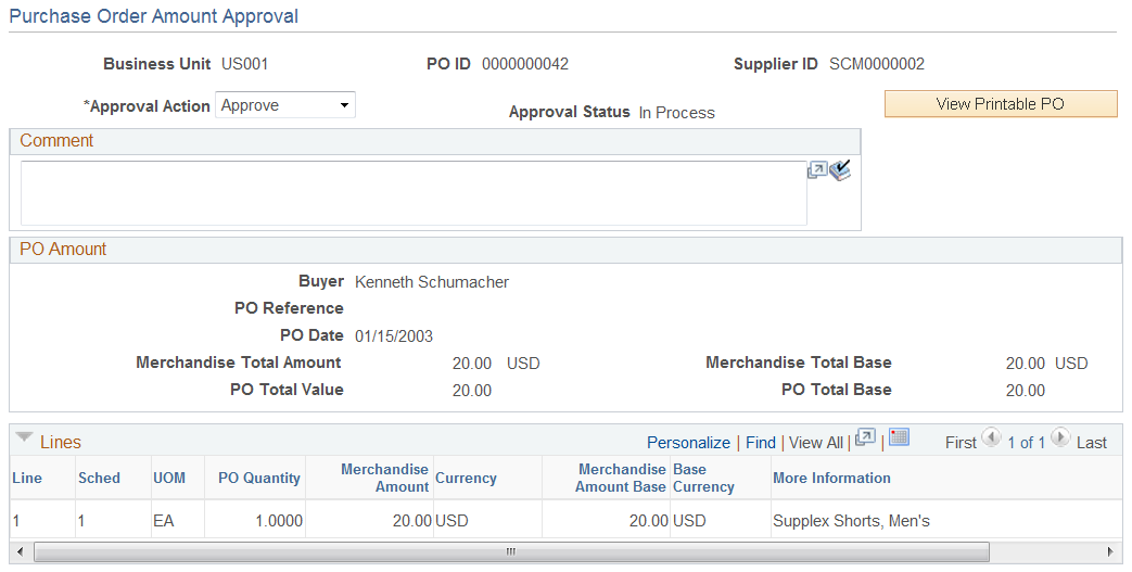 Purchase Order Amount Approval page