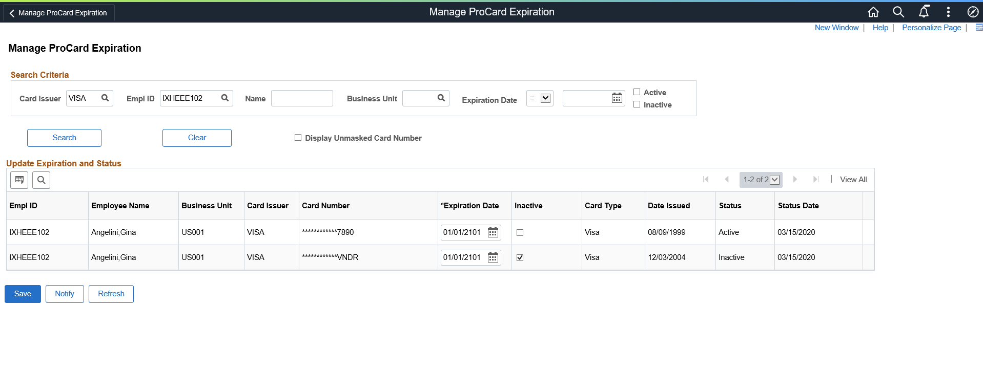 Manage ProCard Expiration page