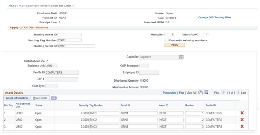 Asset Management Information for Line page