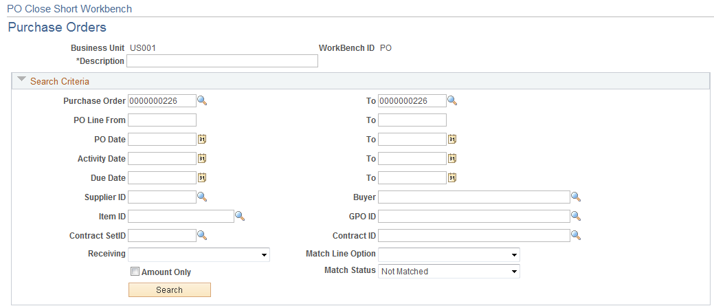 PO Close Short Workbench - Purchase Orders page