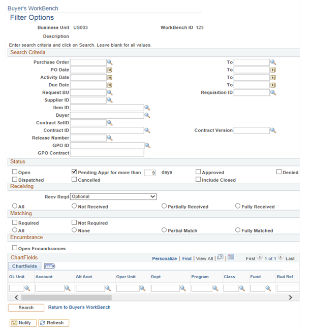 Buyers Workbench-Filter Options Page