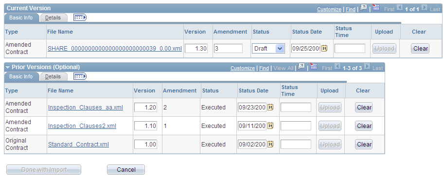 Import Document page (Amended Contract - Prior Versions)