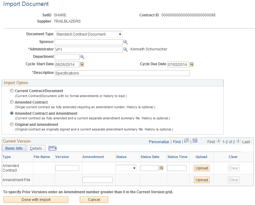 Import Document page (Amended Contract and Amendment)