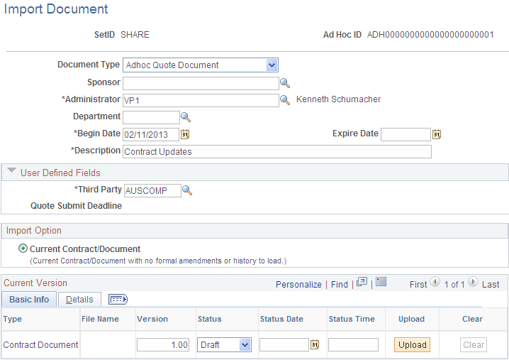 Import Document page (Document Management component)