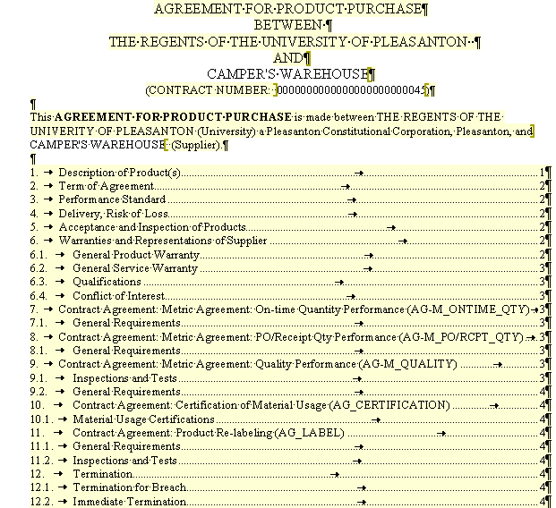 Microsoft Word table of contents example