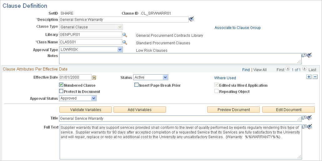 Clause Definition page: Details tab (1 of 2)