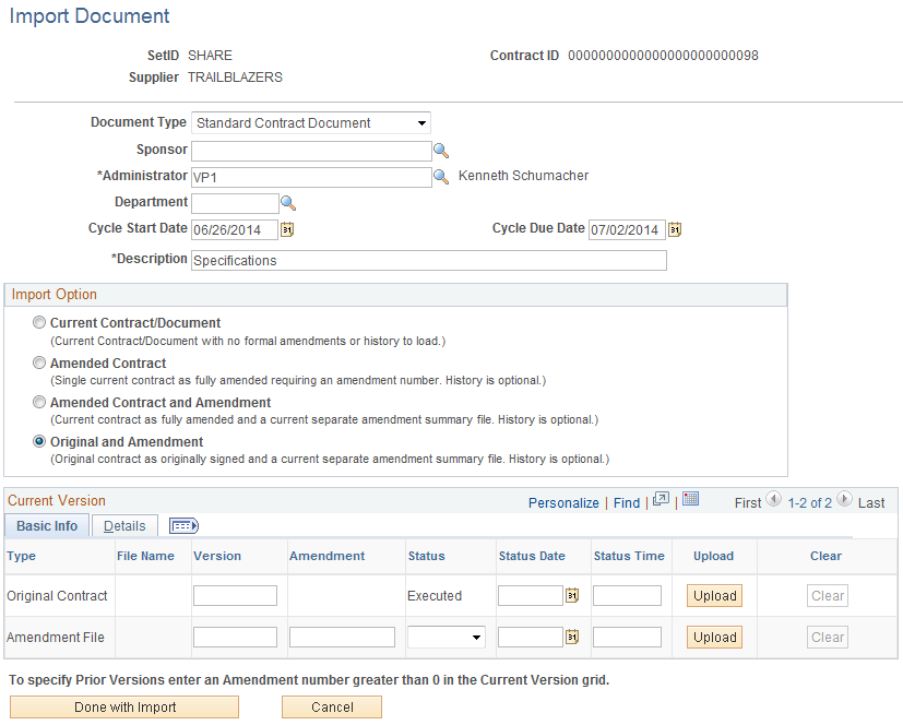 Import Document page (Original and Amendment)