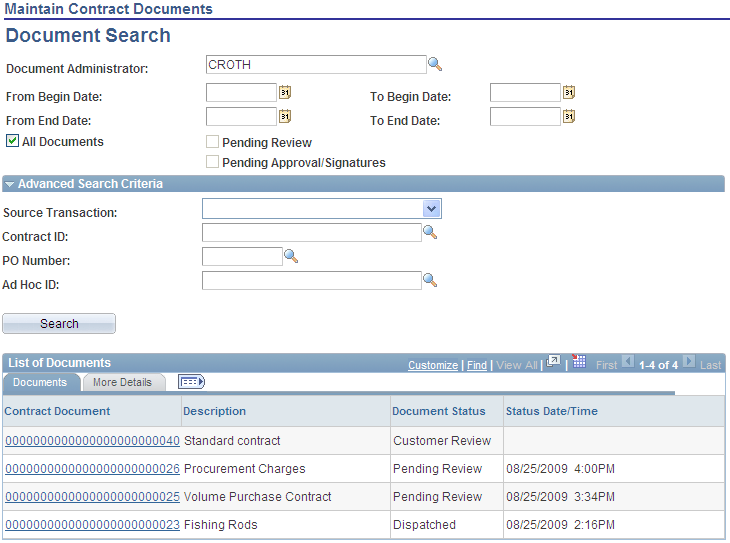Document Search page for suppliers