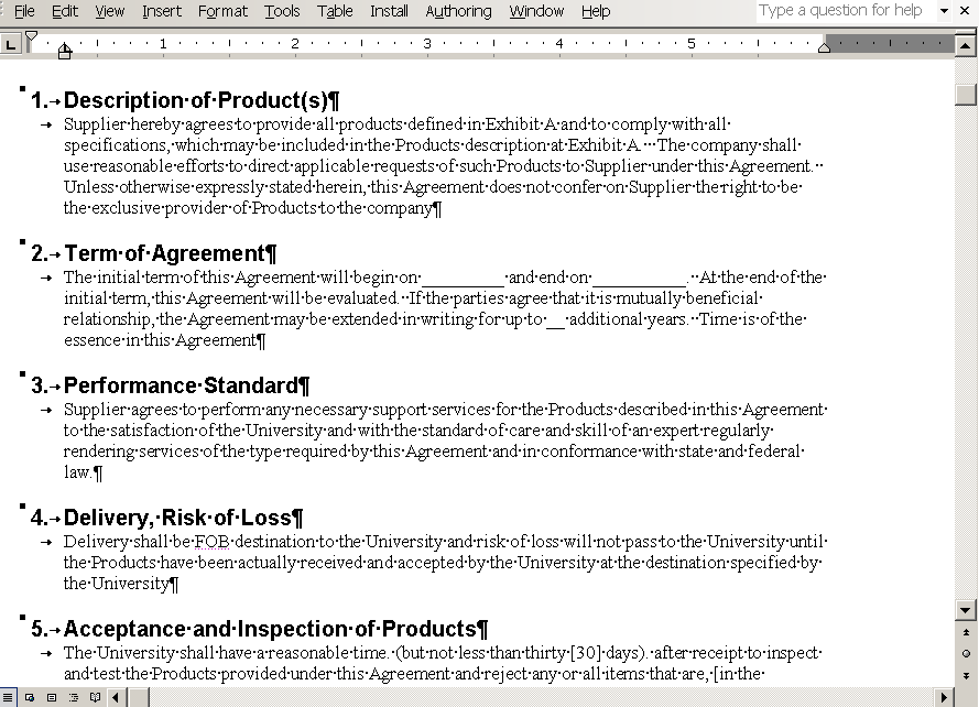 Numbered clauses document example