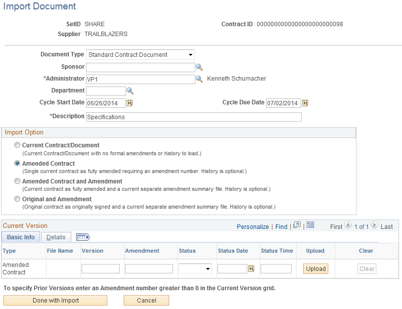 Import Document page (Amended Contract)