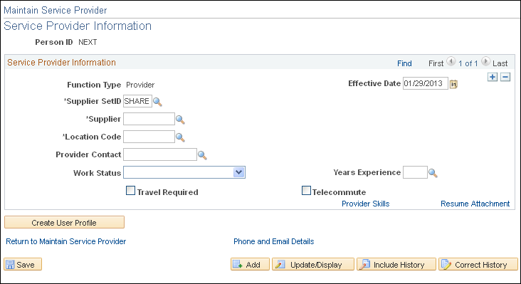 Service Provider Information page