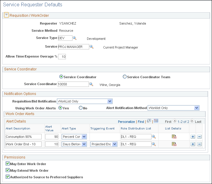 Service Requester Defaults page