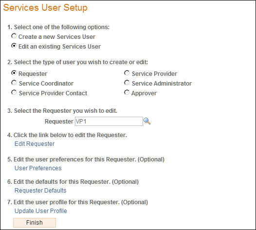 Services User Setup page