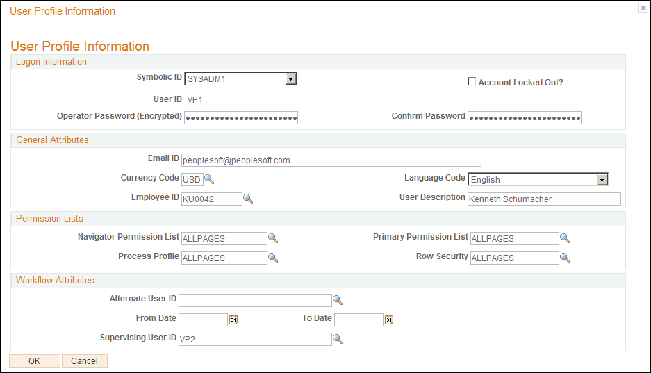 User Profile Information modal window