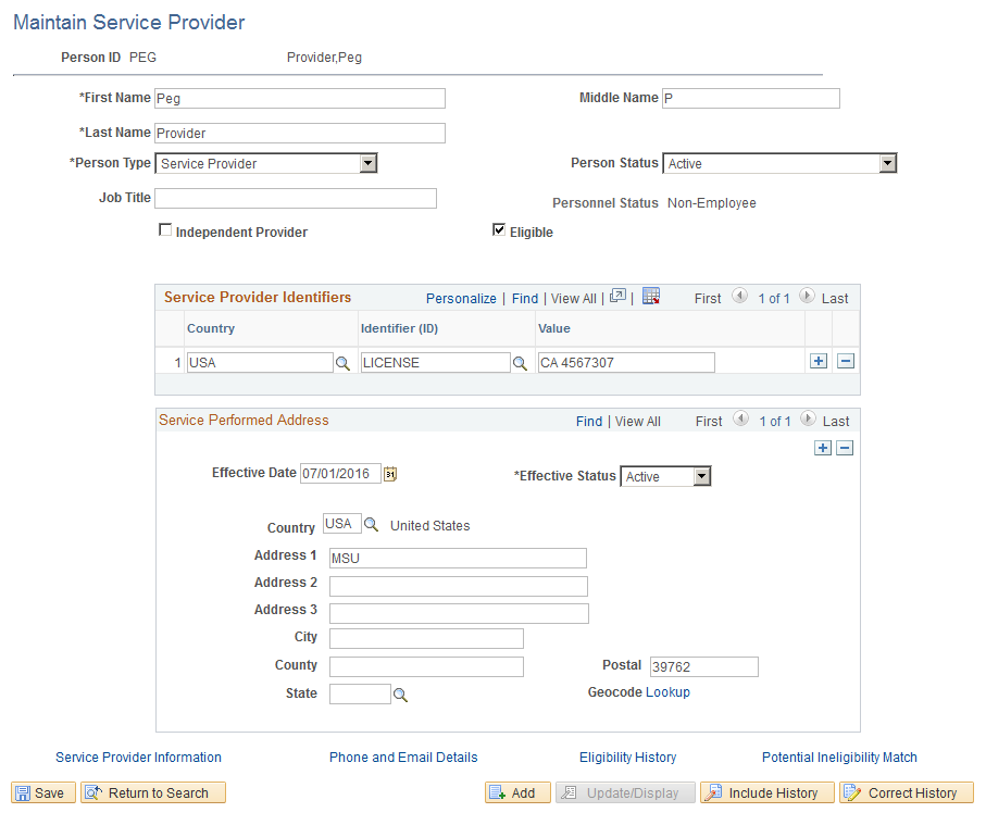 Maintain Service Provider page