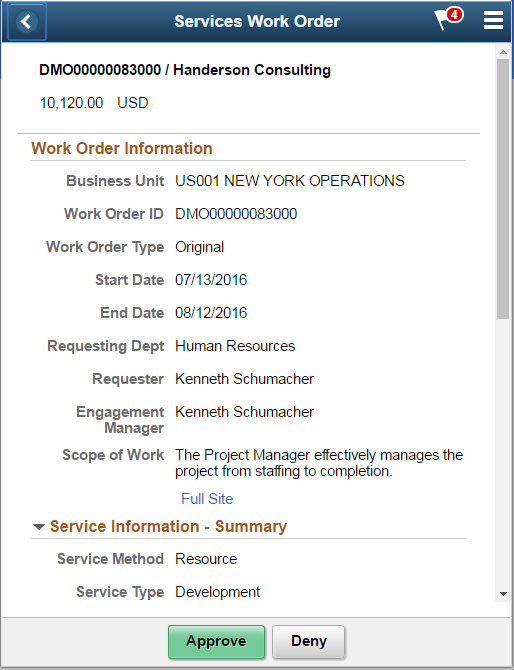 Services Work Order page as displayed on a phone