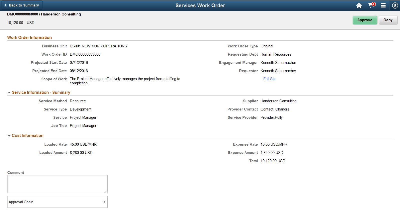 Services Work Order approval page