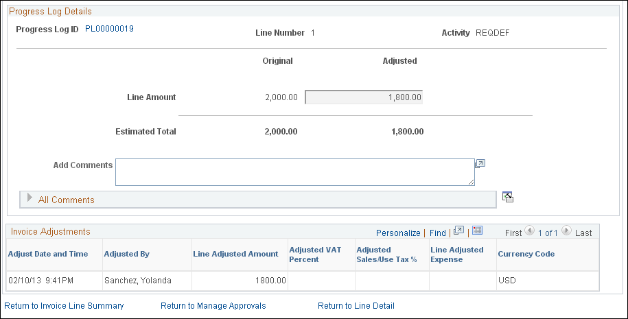 Manage Invoice Approval - Invoice Line Adjustment Detail Page (2 of 2)