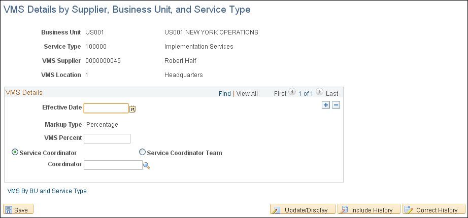 VMS Details by Supplier, Business Unit, and Service Type page