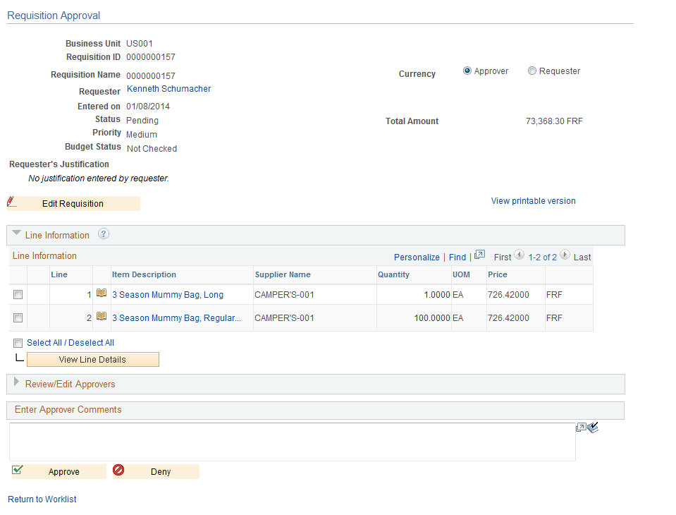 Requisition Approval page (1 of 2)