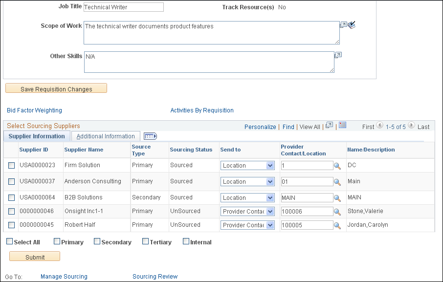 Sourcing Selection page (2 of 2)