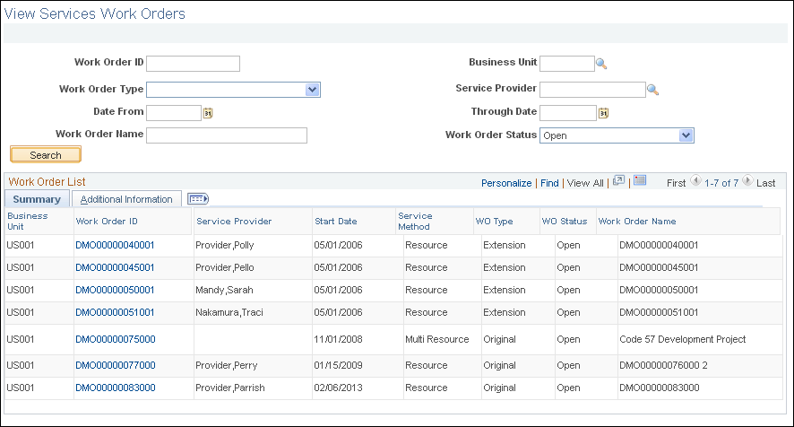 View Services Work Orders page