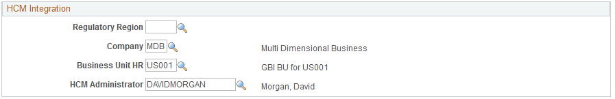 HCM Integration group box on the Services Procurement Business Unit Definition page