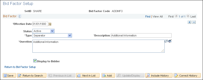 Bid Factor Setup page