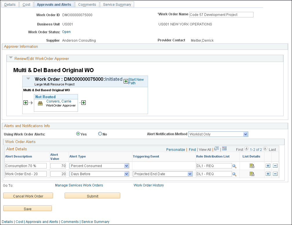 Work Order - Approvals and Alerts page