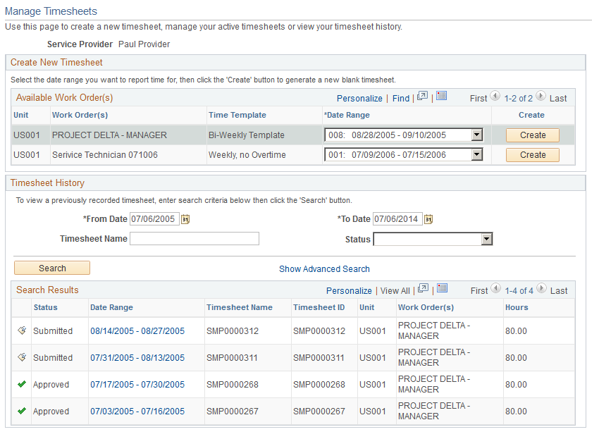 Manage Timesheets page with timesheets listed