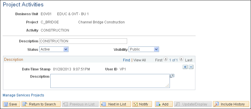 Project Activities page