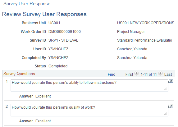 Review Survey User Responses page