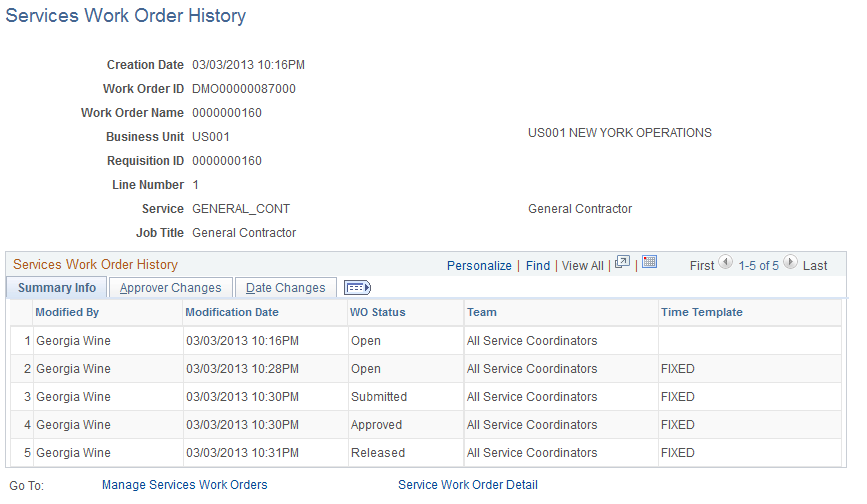 Work Order Sourcing History page