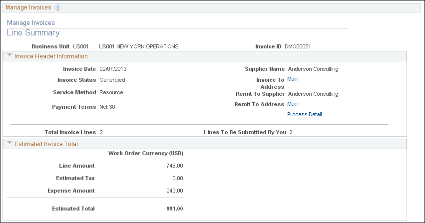 Manage Invoice - Line Summary page (1 of 2)