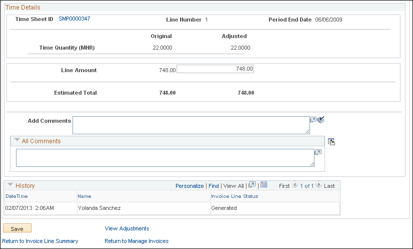 Manage Invoices - Line Detail page (2 of 2)