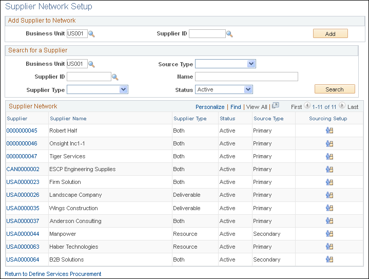 Supplier Network Setup page