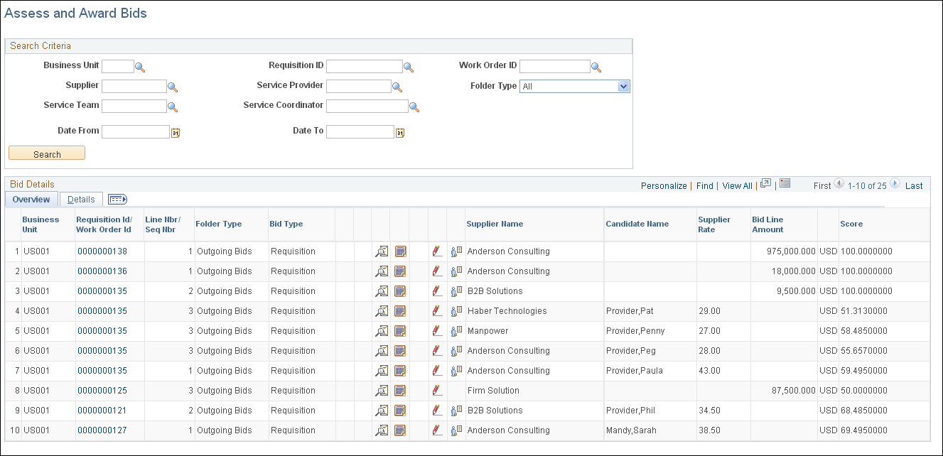 Assess and Award Bids page