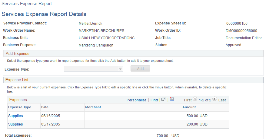 Services Expense Report Details page