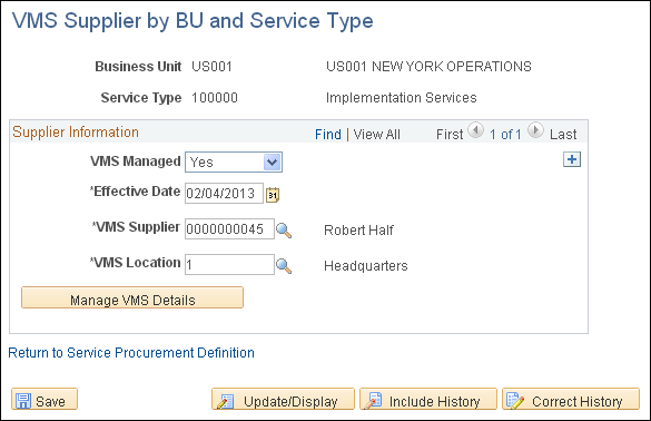 VMS Supplier by BU and Service Type page