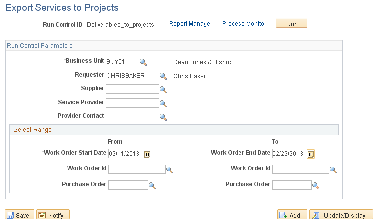 Export Services to Projects page