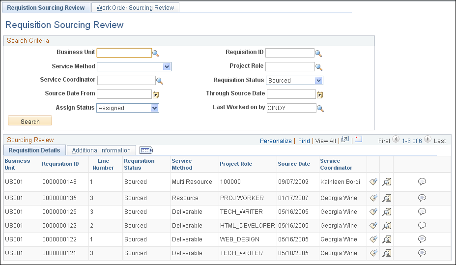 Requisition Sourcing Review page
