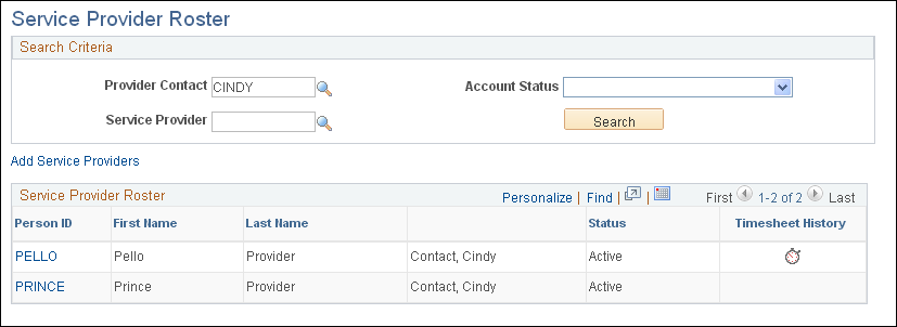 Service Provider Roster page