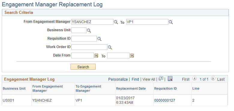 Engagement Manager Replacement Log page