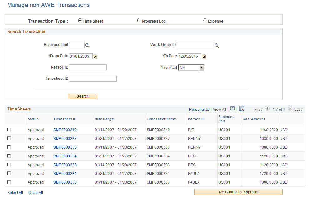 Manage non AWE Transactions page