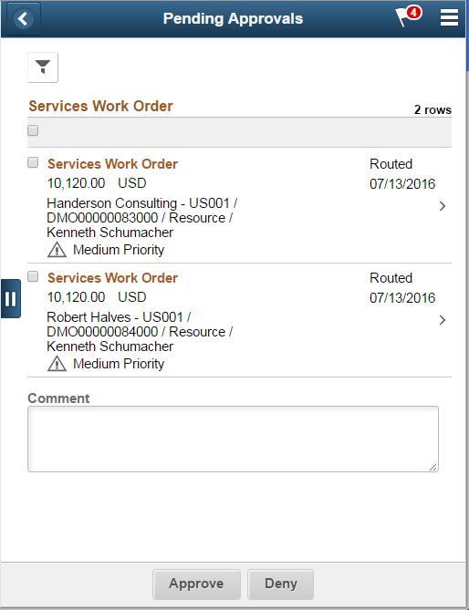 Pending Approvals - Services Work Order list page as displayed on a smartphone