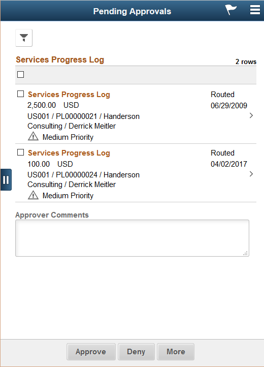 Pending Approvals - Services Progress Log list page as displayed on a smartphone