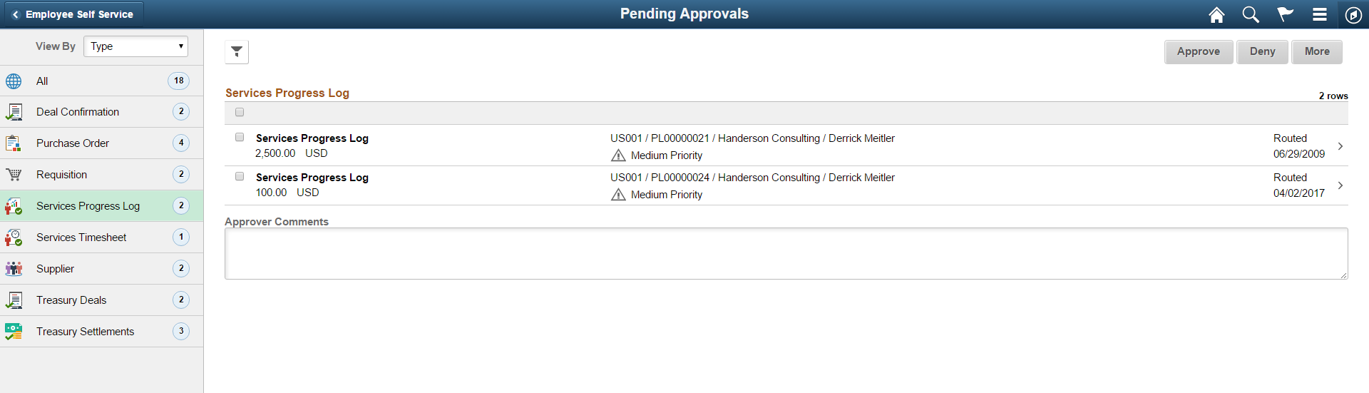 Pending Approvals - Services Progress Log list page