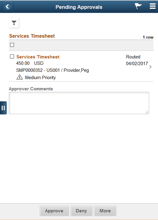 Pending Approvals - Services Timesheet list page as displayed on a smartphone